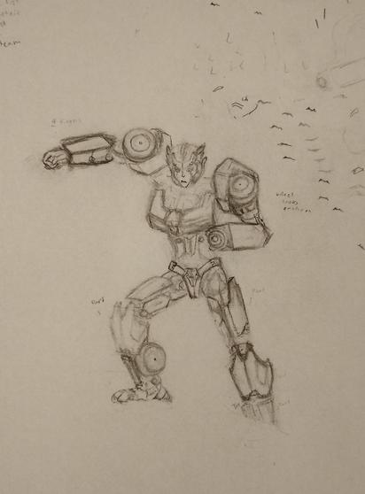 Traditionally drawn sketch of a female Cybertronian with car parts as part of her armor. She's in a tense pose, and her arm is partially transformed into a blaster.