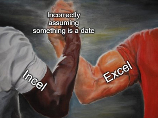 Drawing of two men arm wrestling. One is labelled Incel, the other Excel, and the legend is "Incorrectly assuming something is a date"