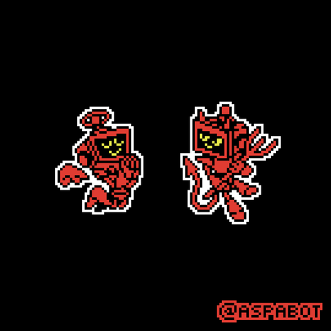 Aspabot as an angel and as a devil, made in pixel art with 4 colors.