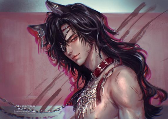 TGCF fanart of hua cheng from heaven official's blessing chinese danmei novel by mxtx illustration in Halloween werewolf theme he's wearing the silver accessory necklace as his signature black curl fluffy hair and red collar