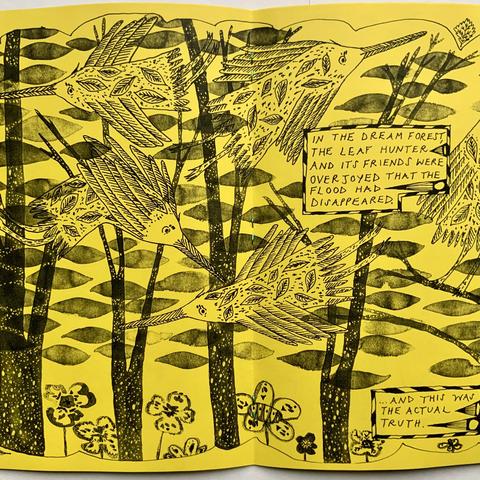 An illustrated page from inside the TSO 98 issue. It is a drawing of some leaf hunter birds, flying through the forest, happy that the flood has disappeared.