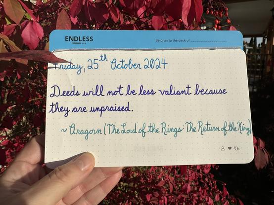 A pen quote of J.R.R. Tolkien’s Aragorn in The Lord of the Rings: The Return of the King that reads, “Deeds will not be less valiant because they are unpraised.”

Written in Lamy Turquoise, Lamy Crystal Azurite & Pelikan Edelstein Aquamarine.