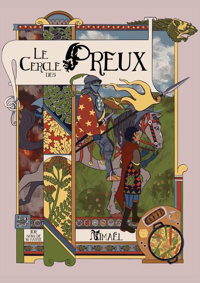 Couverture du jeu Le cercle des Preux de Nimaël. On y voit un chevalier à cheval avec un caque sur la tête, et son écuyer qui lui parle en marchant à côté d'un air enjoué. Dans les décorations de la page il y a des images de plantes et de nourriture.