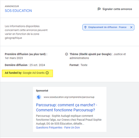 annonceur "SOS education" sur la page Google Transparancy AD montrant que l'asso bénéficie d'une aide de la part de Google