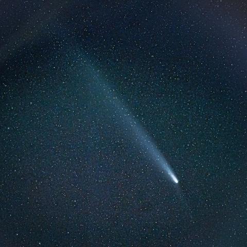 DE: Ein Ausschnitt aus Bild 2, auf dem der Komet deutlich mit seinem hinteren Schweif zu sehen ist. Man erahnt den Schimmer eines zweiten Scheifs gegenüber.

EN: A section of image 2, in which the comet can be clearly seen with its rear tail. You can see the glimmer of a second tail opposite.