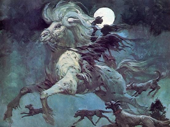 An illustration by Henri Lievens of a shadowy figure leading the Wild Hunt