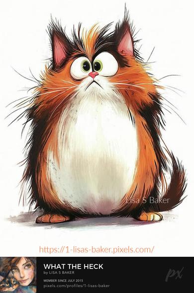 An art print of a fluffy, wide-eyed cat with a bushy tail looking surprised or worn out. Art by Lisa S Baker.