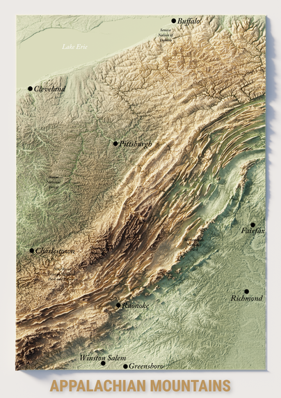 3D map, made with Blender, of the Appalachian mountains (colorized in green and brown, fonction of the heitght).