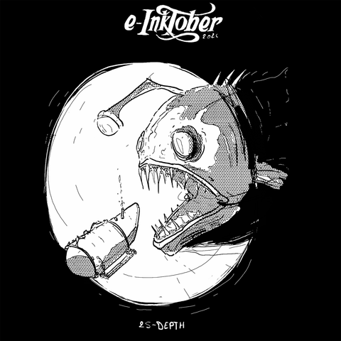 A black and white drawing of a Massive deep see fish with a ligh bulb about to eat a small submarine.