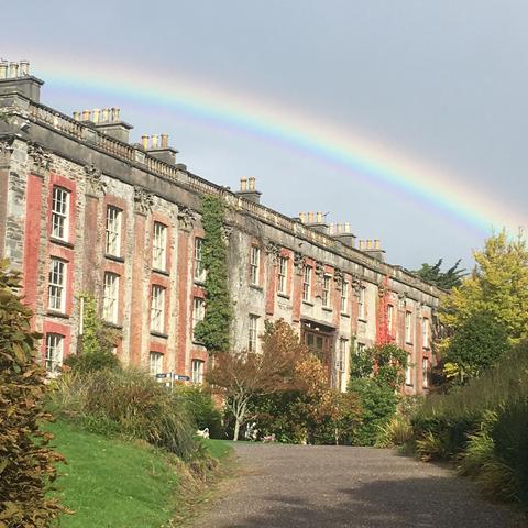 Rückseite des Herrenhauses Bantry House mit drei Reihen georgianischer Fenster. Bäume, Sträucher, Rasen. Über allem ein Regenbogen. Gerade noch zu erkennen ist der zum Haus gehörende Jack Russel-Terrier Dougal.

Rear of Bantry House with three rows of Georgian windows. Trees, shrubs, lawn. A rainbow above it all. You can just make out Dougal, the Jack Russell terrier who belongs to the house.