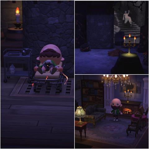 Collage of three Animal Crossing: New Horizons screenshots. The left image, that is vertically oriented, shows a sleeping, bald, bearded islander in a stone room on a hospital bed with sparks coming off it. The upper right image shows a stone room with glowing candles in the foreground and a woman ascending a staircase straight out of a black and white movie. The lower right screenshot shows the same bald, bearded human standing in the middle of a dimly lit, opulent sitting room fully lit by candles and a small lamp.