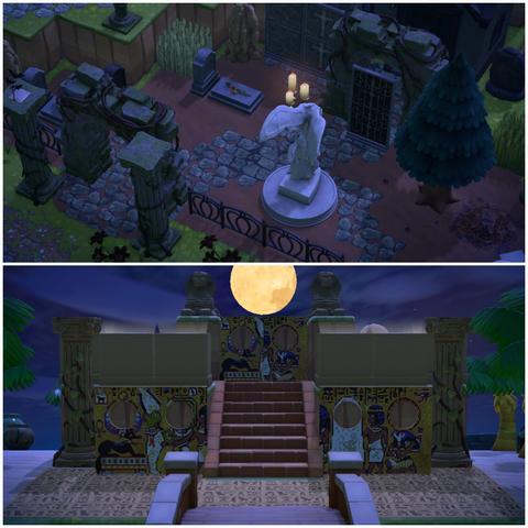 Collage of two Animal Crossing: New Horizons screenshots stacked vertically. The upper image appears to be a graveyard with a handful of graves and a stone path meandering down the middle. A statue of a headless, winged human shaped being is in the middle. The lower screenshot shows sandy ground with a stone structure elevated with an Egyptian pyramid theme. The moon can be seen large and bright in the center at the top of three levels surrounded on either side by sphynxes.