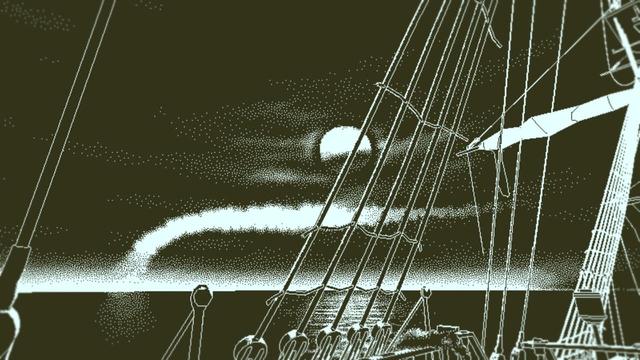 1 bit art shows a sailing ship's rigging while looking out to sea.  the sky is dark, but the moon is full.  Smokey is curling out from the distance.

it has a creepy feel.