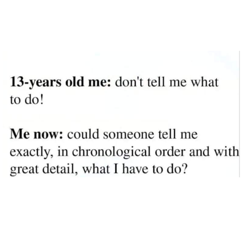 Teksti:
"13-years-old-me: don't tell me what to do!

Me now: could someone tell me exactly, in chronological order and with great detail, what I have to do?"