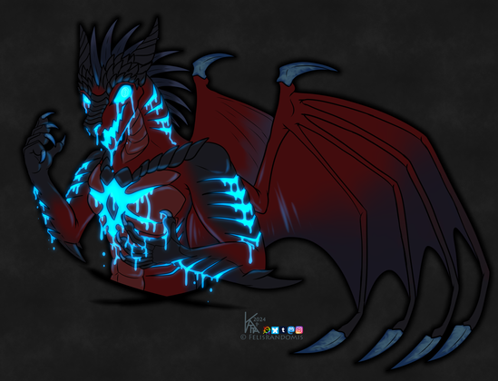 Digital art of a dragon character, leaking glowing blue goo from their face, chest, arms, and ribs. Their face is made to be jack-o-lantern like.