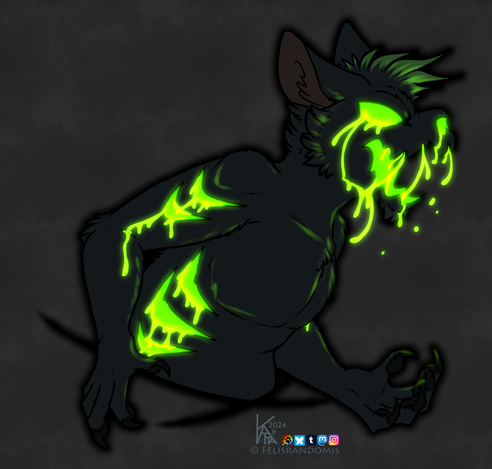 Digital art of a cat character with glowing green goo leaking from their face, arms, and ribs. His face is made to look like a jack-o-lantern