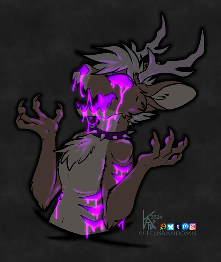 Digital art of a deer character with purple/pink glowing goo leaking from their face, arms, and ribs. Their face is made to look like a jack-o-lantern.