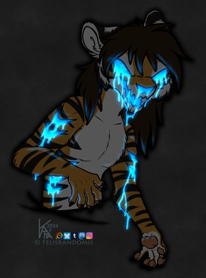 Digital art of a tiger character with glowing blue goo leaking from their face, arms, and ribs. His face is made to look like a jack-o-lantern.