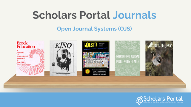 A bookshelf displaying covers for five OJS journals hosted on Scholars Portal Journals.