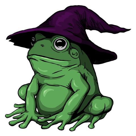 A dumpy green tree frog with a floppy purple wizards hat on, in a colourful illustrative style.