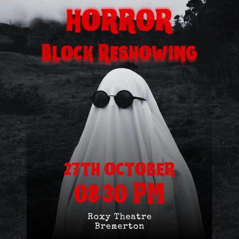 West Sound Film Fest Flyer with red text text over black and white photo of a ghost in sheet wearing black sunglasses