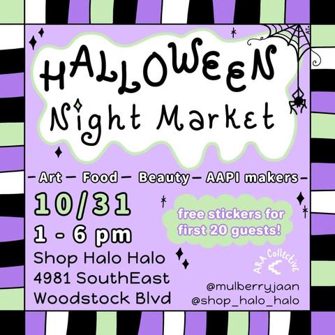 Shop Halo Halo graphic flyer with black and green pal green text over lavender background with check board green, white, black, lavender border