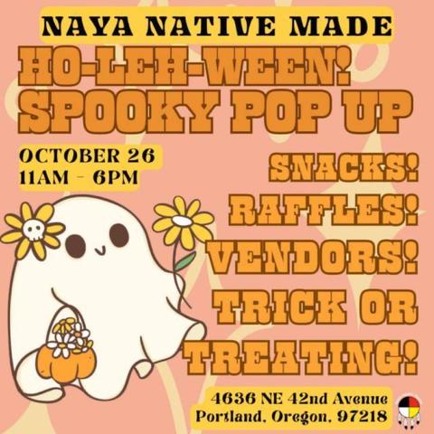 Naya Center graphic flyer with Orange and black text with yellow highlight text over soft orange background with illustration of fat happy ghost carrying holiding 1 Orange daisy and pumpkin bucket with Orange and white daisies