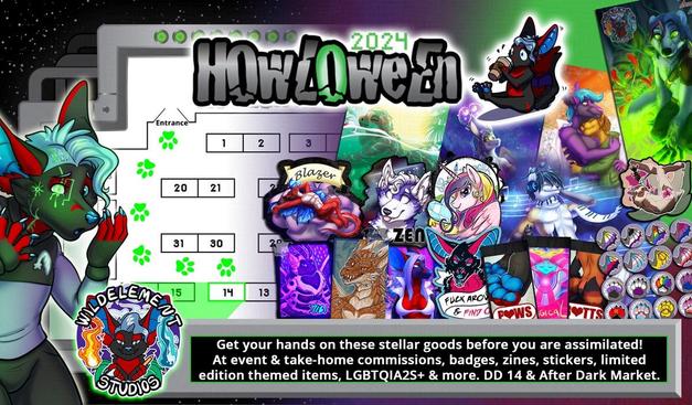 A map showing table 14 highlighted at the howloween dealers den and examples of artwork available from wildelementstudios.com