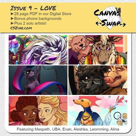 Preview images from Zine 9: love, featuring queer artists. Fantasy, furry and human artwork.