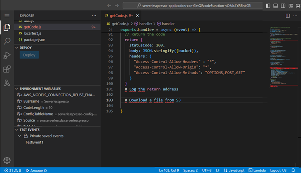Code editor in dark mode shows function tree on the left-hand side and JavaScript source code in the center. The visual appearance is based on the popular Visual Studio Code interface.