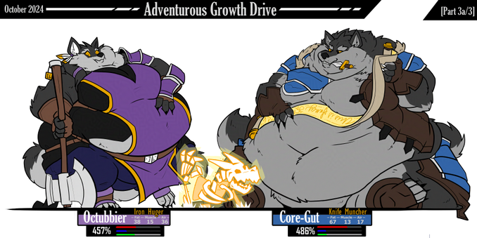 Artwork of two fat wolves casting a magical scroll of "Raise Dead" on a set of bones on the ground.