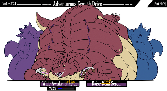 Artwork of an extremely fat dragonborn adventurer flat on his stomach eating a cake and donut.