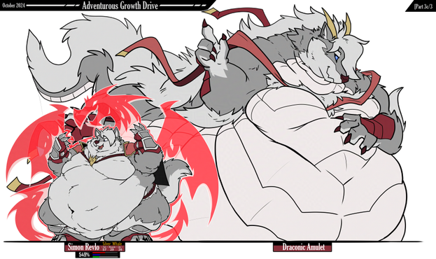 Artwork of an extremely overweight wolf character becoming possesed by a draconic amulet and transforming into a much larger and fluffy wind dragon.
