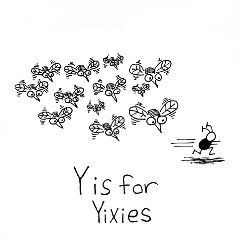 A swarm of insectoid beasties chase a fleeing Martian. Text reads "Y is for Yixies".