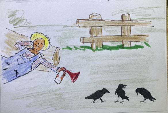 A reclining scarecrow about to disturb a trio of crows with an airhorn