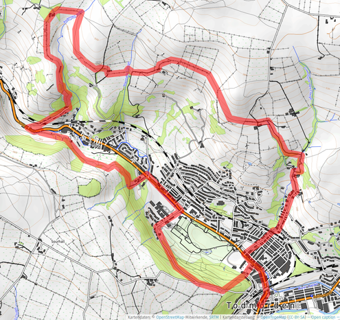 This is a map showing the town of Todmorden in West Yorkshire. Superimposed upon it is a circular route leading up into the hills and moors that overlook the town.

The tileset for this map is from OpenTopoMap based upon data from OpenStreetmap.