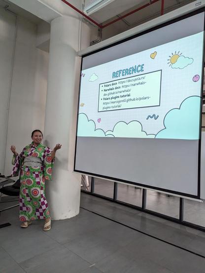Cheuk concluding her presentation.
List of references.
https://docs.pola.rs
https://narwhals-dev.github.io/narwhals

Polars plugins tutorial
https://marcogorelli.github.io/polars-plugins-tutorial