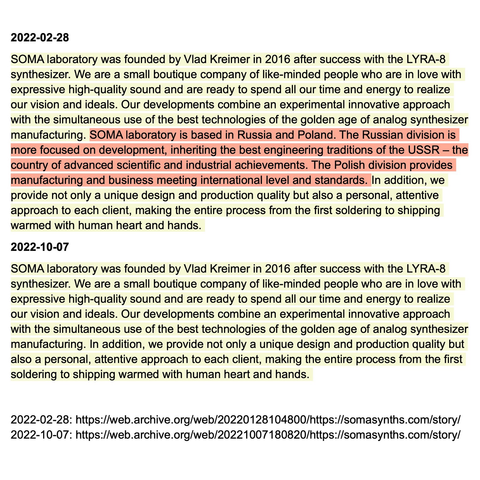 Screen shot of two versions of Soma Synths history. The a parse referring to russia and a heritage of Soviet engineering has been cut some time in 2022
