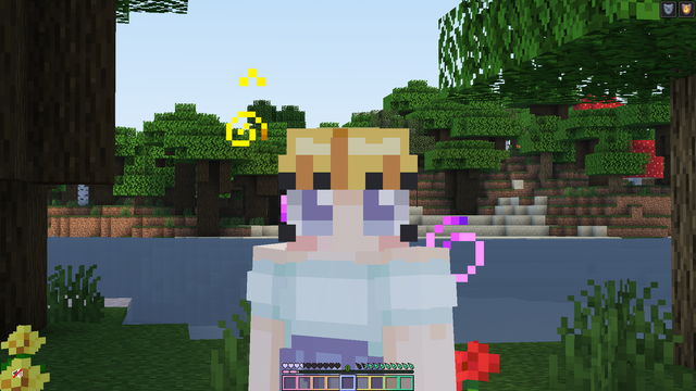 void's minecraft character looking directly into the camera. some effect bubbles swirling around them. the stand between a dark oak, and an oak tree. in the background is a dark oak forest that is divided from where void stands by a river. the hotbar has voidedmain's own texturepack, being colorful in pastel and having leaves instead of meat as a hungerbar.