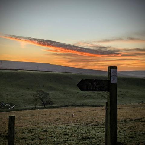 A photograph of a wooden signpost at sunrise.