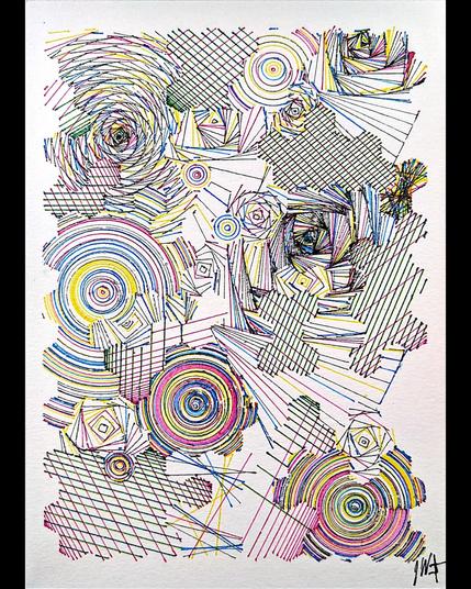 A deeply intricate pen plotter piece inspired by wave function collapse. Its dynamic, sweeping lines and swirling intersections echo the chaos of a mind struggling in the storm. The layers of lines symbolize descent, revealing the intricate, uncontrollable patterns of thought, emotion, and the universe. The artwork's abstract nature allows the viewer to feel the intensity of forces beyond control, blending physical and mental states into one visual narrative.