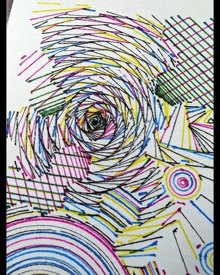 A deeply intricate pen plotter piece inspired by wave function collapse. Its dynamic, sweeping lines and swirling intersections echo the chaos of a mind struggling in the storm. The layers of lines symbolize descent, revealing the intricate, uncontrollable patterns of thought, emotion, and the universe. The artwork's abstract nature allows the viewer to feel the intensity of forces beyond control, blending physical and mental states into one visual narrative.