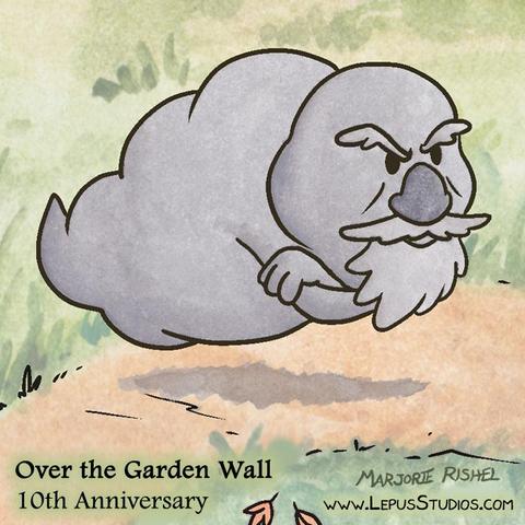 A dark cloud with a grumpy face floats along a path. Based on The North Wind from the cartoon mini-series, Over the Garden Wall.