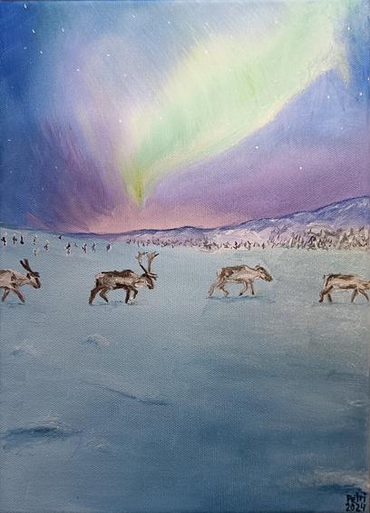 An oil painting of a group of reindeer walking on the snow. Aurora borealis on the sky.