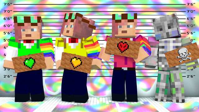 Four Minecraft characters in lineup. The first three are the same character, with blue-gray eyes and pink hair and goggles on top of her head, with different shirt colors: green, yellow, and red. They hold signs each with a heart matching the shirt color. The fourth figure is a more skeletal figure with a few touches of color holding a sign with a skull and crossbones. The wall behind shows markers for height, like a police lineup, but is criss-crossed by a pattern of multiple colors kind of like light refracting off soap bubbles.