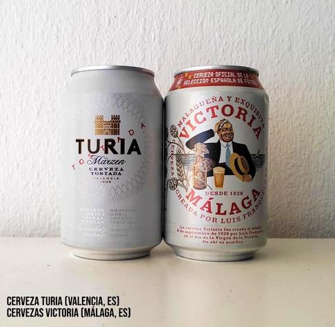 Two 330 ml cans of beer from Spain. The Turia is mainly white, with a quite austere design. The Victoria is also mainly white, but features a bald, sweating man about to enjoy a glass of beer.