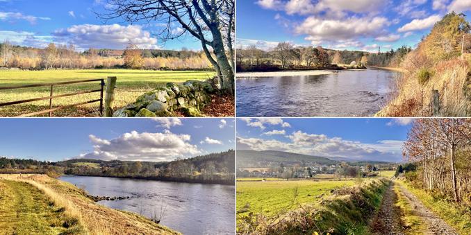 Four photo collage, bright, sunny, autumn day. Blue skies, white floaty clouds. Top left: rusty gate, leading to green field, leading to autumn toned trees, almost leafless broadleaf tree on right of photo. Top right: expanse of blue/grey river, curving away to right in distance, autumn toned trees and riverside bracken. Bottom right: walking path ahead, grey stone dyke on left leading to green field, grey/green mountains in distance, broadleaf trees losing leaves along right. Bottom left: blue river stretching into distance, brown/yellow/green grassy rivers edge on left, green, autumnal trees to right and green hills in distance.