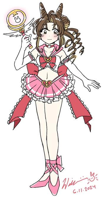 Brown haired girl with curls dressed in a pink sailor-style magical girl outfit. It has a sailor collar connected to a white tube top with a bow. A midriff separates the top from a frilly pink skirt with a giant red bow in the back. Her white gloves are arm's length. She has pink ribboned heels and is holding a magical pizza cutter staff