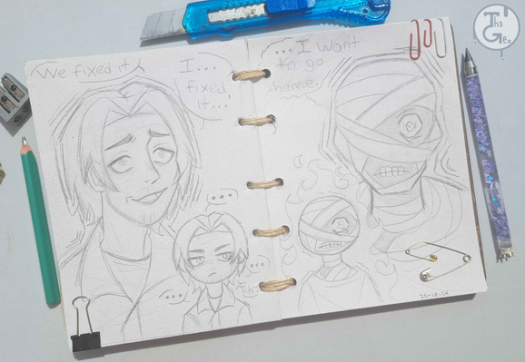 - Drawing Type:
Sketchbook

- [ 2 ] Character/s:
* Human / Male / Jimmy
* Human / Male / Curly

- Description:
Sketchs of Jimmy and Curly, characters from the game Mouthwashing. Text:
* We fixed it
* I... fixed it...
* ... I want to go home