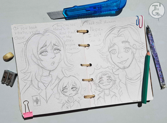 - Drawing Type:
Sketchbook

- [ 2 ] Character/s:
* Human / Female / Anya
* Human / Male / Curly

- Description:
Sketchs of Anya and Curly, characters from the game Mouthwashing. Text:
* If you look really, really close,
* you can see there's a dead pixel in the upper right corner
* That's so? Hmmmm. Nope. I don't see it